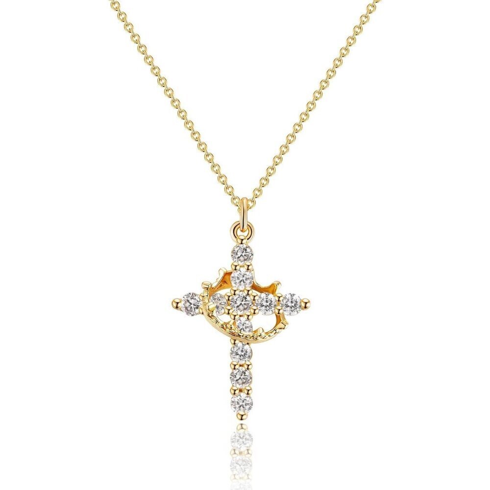 Perfect Gifts Women's Crown M04 Diamond Cross Necklace Gold Plated Faith Jewelry